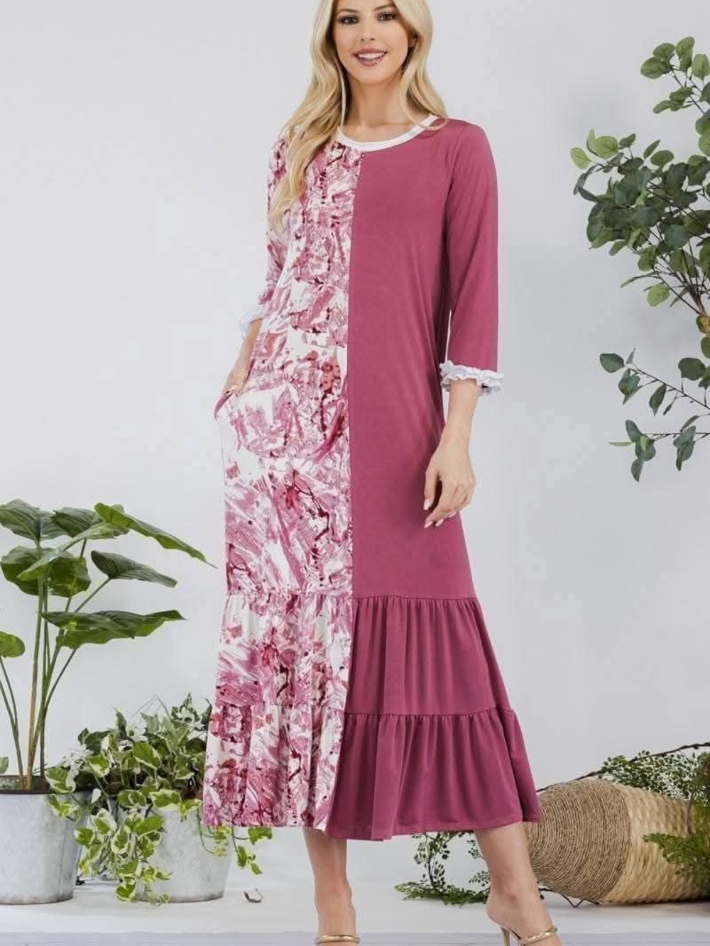Celeste Rose Two-Tone Maxi Dress with Floral Panel